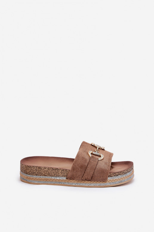 Moteriškos šlepetės su platforma su aukso spalvos detalėmis  chaki spalvos Morisela