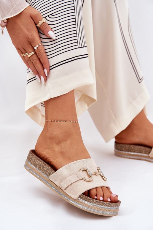 Moteriškos šlepetės su platforma su aukso spalvos detalėmis  smėlio spalvos Morisela