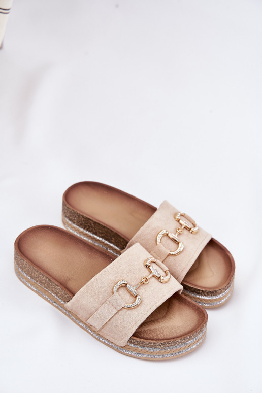 Moteriškos šlepetės su platforma su aukso spalvos detalėmis  smėlio spalvos Morisela