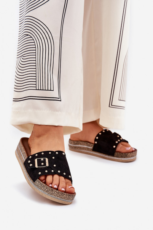 Moteriškos šlepetės su platforma su sagtimis  Juodos spalvos Nusithia