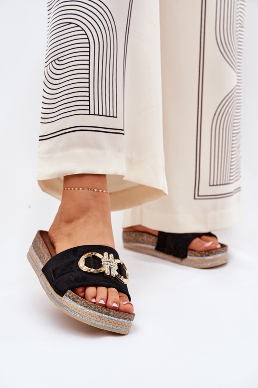 Moteriškos šlepetės su platforma su blizgesiu I Złotą Ozdobą Juodos spalvos Rilirea