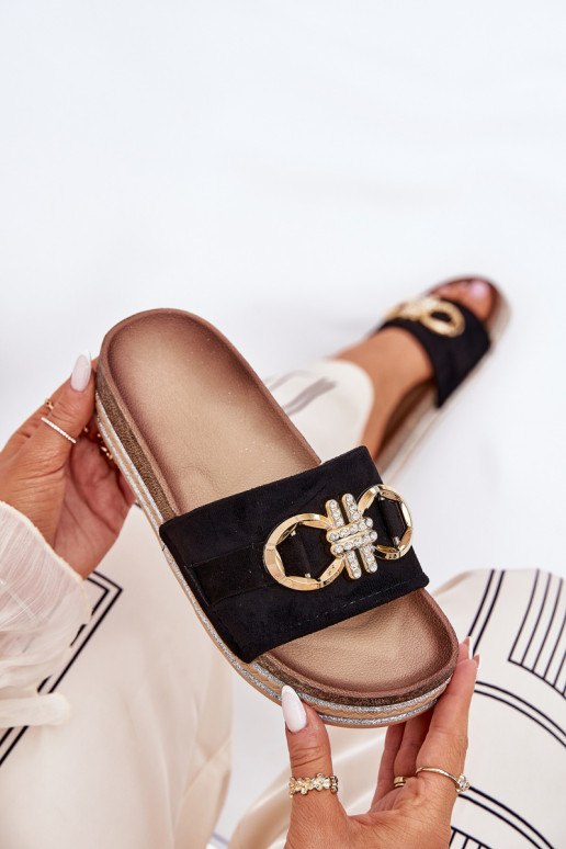 Moteriškos šlepetės su platforma su blizgesiu I Złotą Ozdobą Juodos spalvos Rilirea