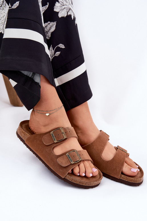 Moteriškos zomšinės šlepetės su sagtimis Big Star RR274A394 rudos spalvos