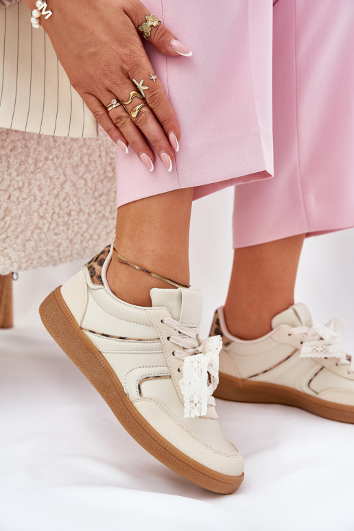 Žemi sneaker modelio batai Moteriškos su nėriniais ir leopardų raštais smėlio spalvos Zielle