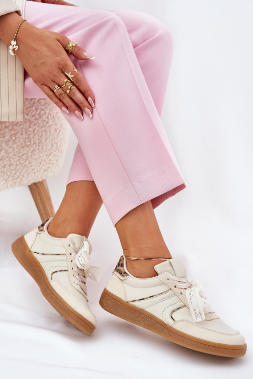 Žemi sneaker modelio batai Moteriškos su nėriniais ir leopardų raštais smėlio spalvos Zielle