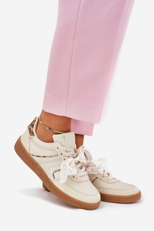 Žemi sneaker modelio batai Moteriškos su nėriniais ir leopardų raštais smėlio spalvos Zielle