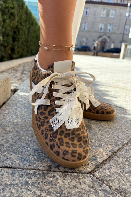 Žemi sneaker modelio batai Moteriškos su nėriniais ir leopardų raštais rudos spalvos Zielle