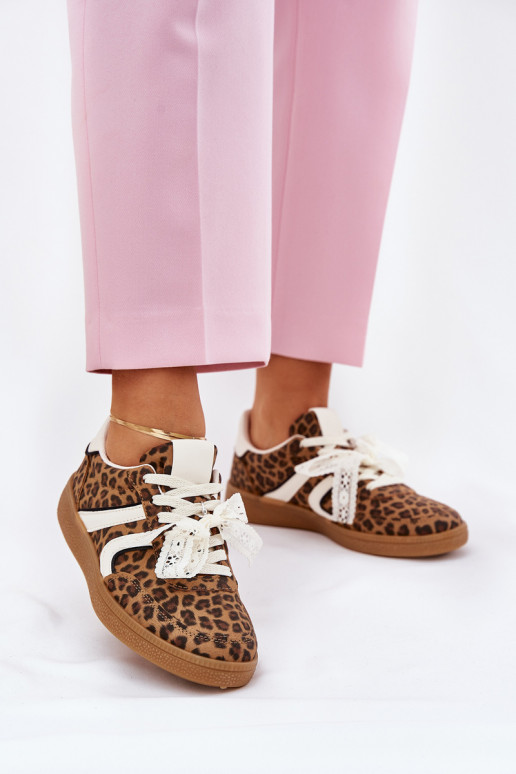 Žemi sneaker modelio batai Moteriškos su nėriniais ir leopardų raštais rudos spalvos Zielle