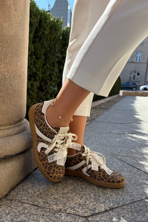 Žemi sneaker modelio batai Moteriškos su nėriniais ir leopardų raštais rudos spalvos Zielle