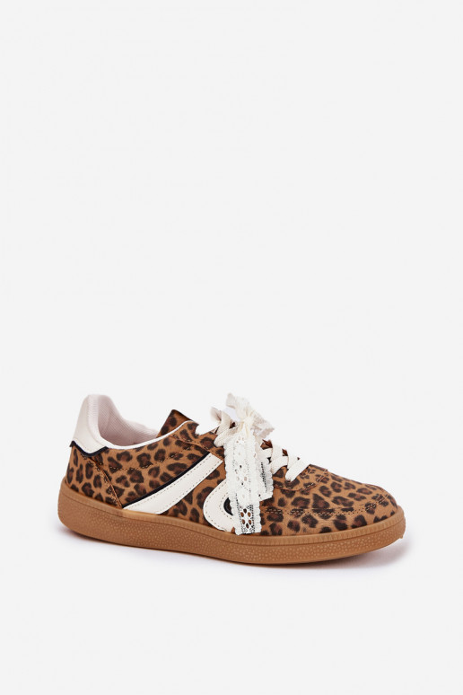 Žemi sneaker modelio batai Moteriškos su nėriniais ir leopardų raštais rudos spalvos Zielle