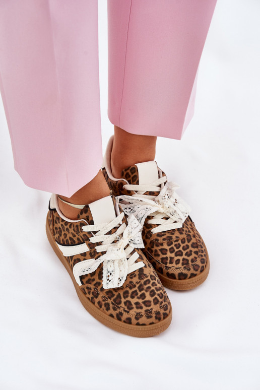 Žemi sneaker modelio batai Moteriškos su nėriniais ir leopardų raštais rudos spalvos Zielle