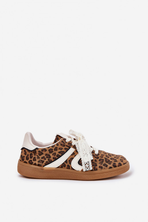 Žemi sneaker modelio batai Moteriškos su nėriniais ir leopardų raštais rudos spalvos Zielle