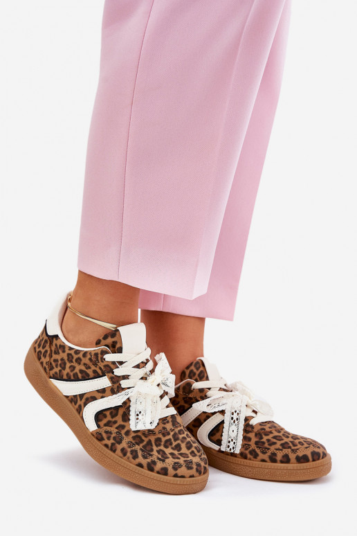 Žemi sneaker modelio batai Moteriškos su nėriniais ir leopardų raštais rudos spalvos Zielle