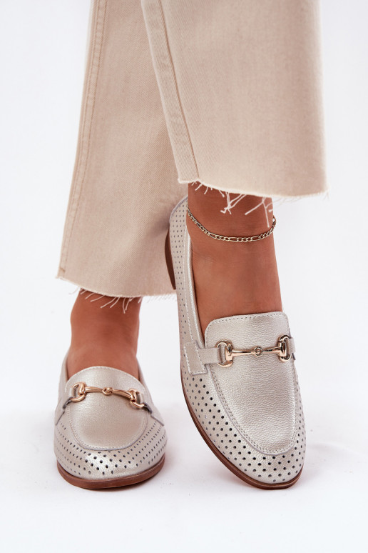   moteriški mokasinai su ornamentais su plačiais kulniukais S.Barski LR51-594 sidabro spalvos