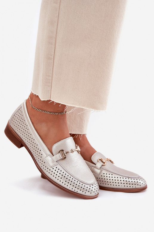   moteriški mokasinai su ornamentais su plačiais kulniukais S.Barski LR51-594 sidabro spalvos