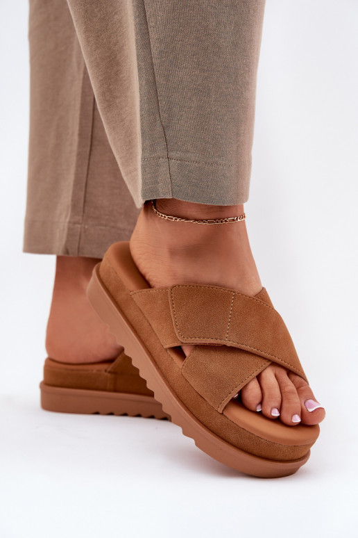 Moteriškos šlepetės su platforma Z Przeplatającymi Się Paskami rudos spalvos Rinasara