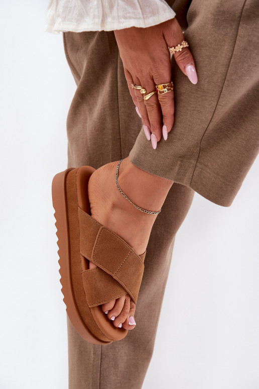 Moteriškos šlepetės su platforma Z Przeplatającymi Się Paskami rudos spalvos Rinasara