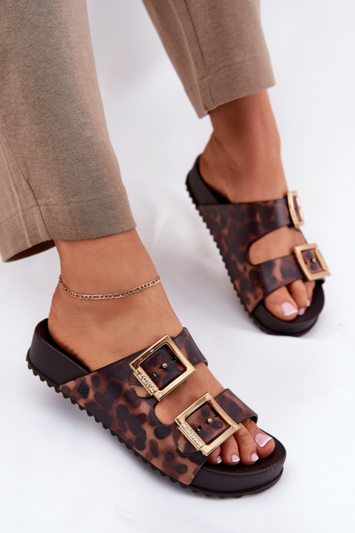  Moteriškos šlepetės su sagtimis su leopardo kailio raštais  RR285059 rudos spalvos