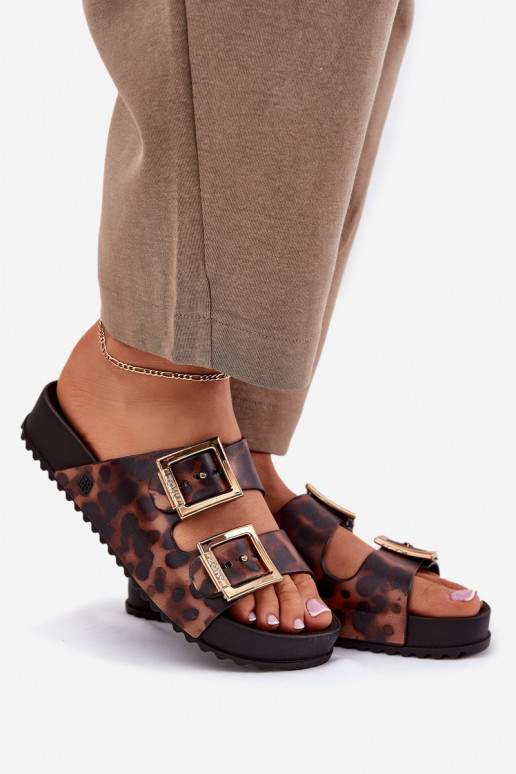  Moteriškos šlepetės su sagtimis su leopardo kailio raštais  RR285059 rudos spalvos