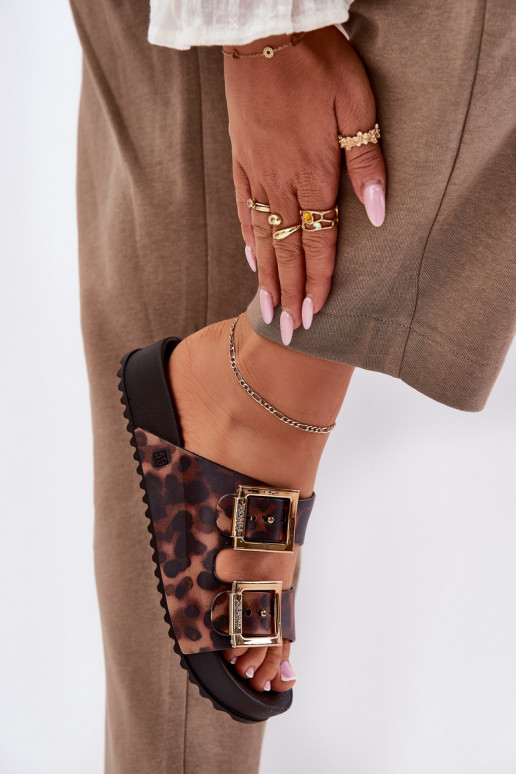  Moteriškos šlepetės su sagtimis su leopardo kailio raštais  RR285059 rudos spalvos