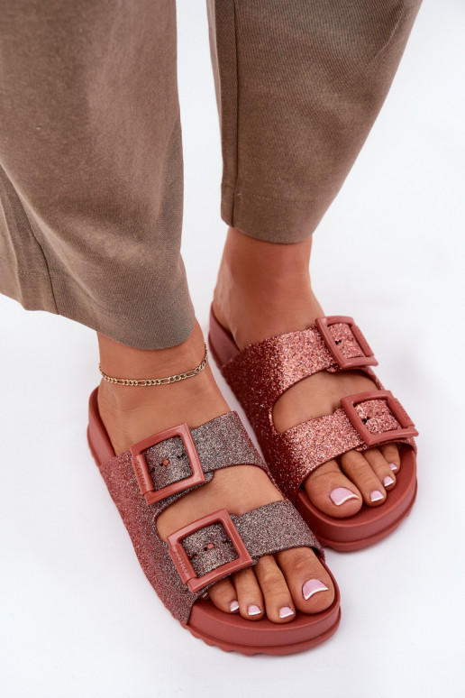  Moteriškos šlepetės su blizgesiu I su sagtimismi  RR285025 rožinės spalvos