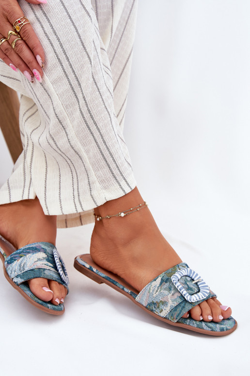 lygiapadžiai Moteriškos šlepetės dekoruoti su sagtimis mėlynos spalvos Clariola