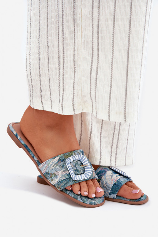 lygiapadžiai Moteriškos šlepetės dekoruoti su sagtimis mėlynos spalvos Clariola