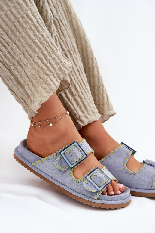 Moteriškos šlepetės su sagtimis I Ozdobnym Obszyciem mėlynos spalvos Visley