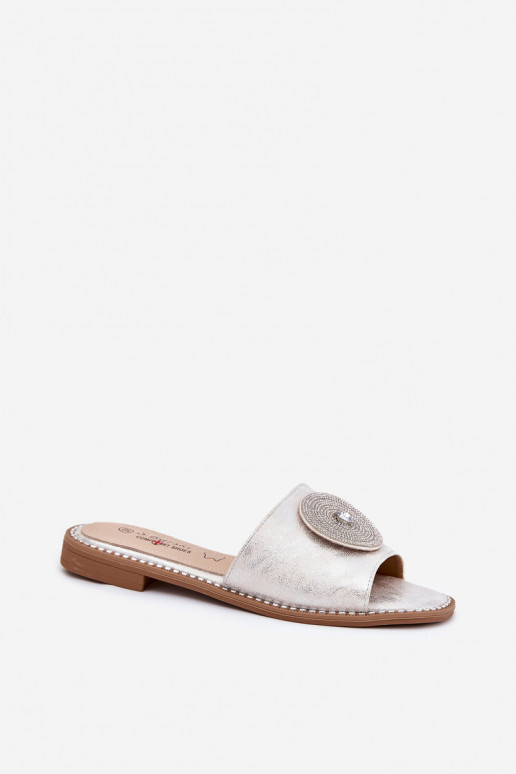 Moteriškos šlepetės su plačiais kulniukais su ornamentais S.Barski KV51-013 sidabro spalvos