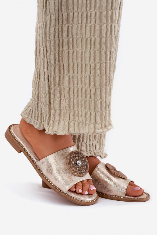 Moteriškos šlepetės su plačiais kulniukais su ornamentais S.Barski KV51-013 aukso spalvos