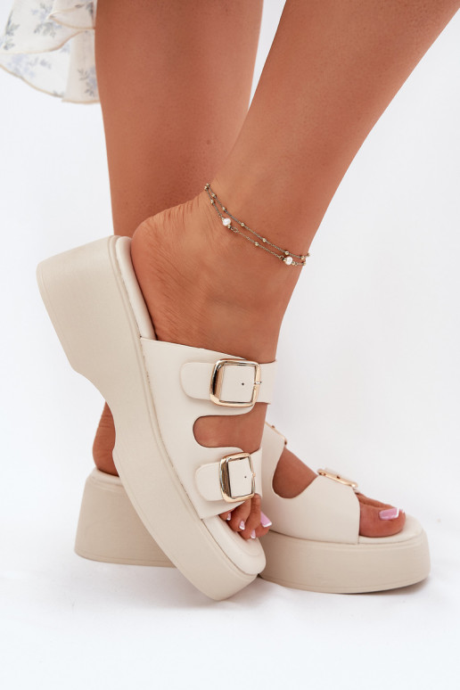 Moteriškos šlepetės  ir platforma su sagtimis dramblio kaulo spalvos Nitarelia