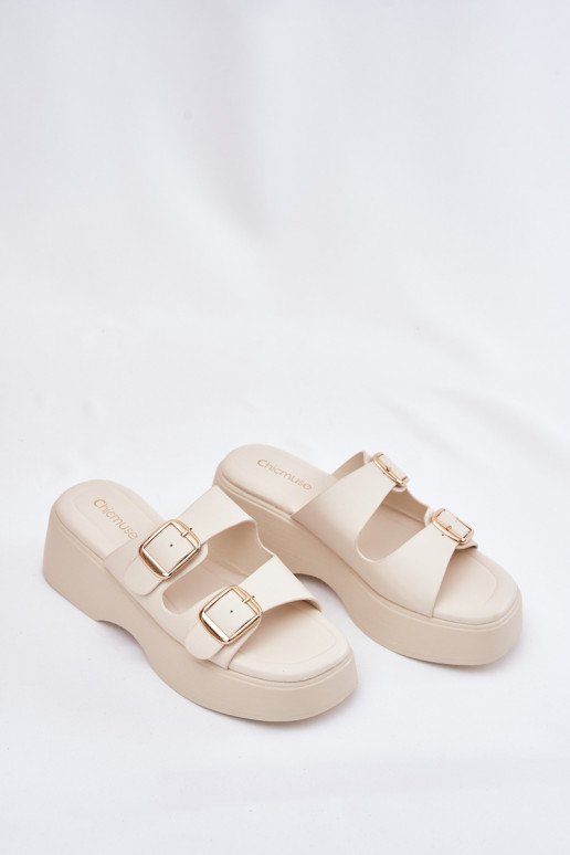 Moteriškos šlepetės  ir platforma su sagtimis dramblio kaulo spalvos Nitarelia