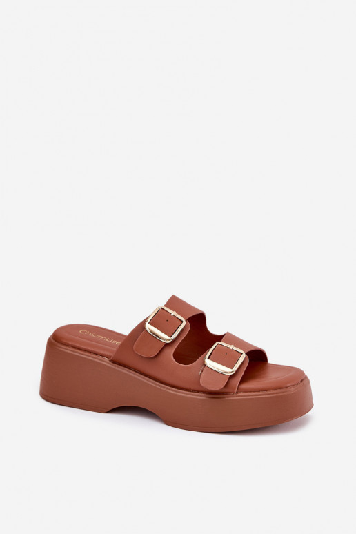 Moteriškos šlepetės  ir platforma su sagtimis rudos spalvos Nitarelia