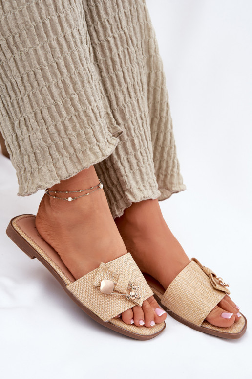 Moteriškos šlepetės su plačiais kulniukais su kaspinais smėlio spalvos Sallariela