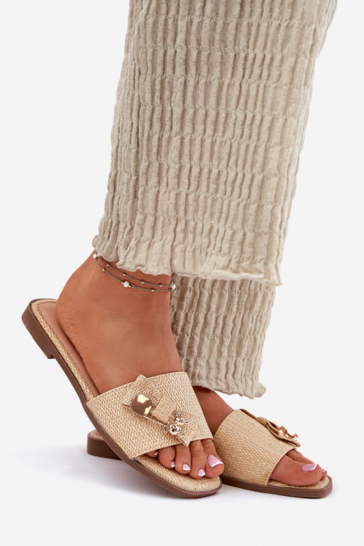 Moteriškos šlepetės su plačiais kulniukais su kaspinais smėlio spalvos Sallariela