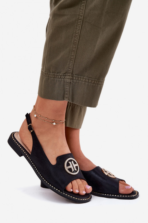 Moteriškos basutės su plačiais kulniukais su ornamentais S.Barski KV51-002 Juodos spalvos