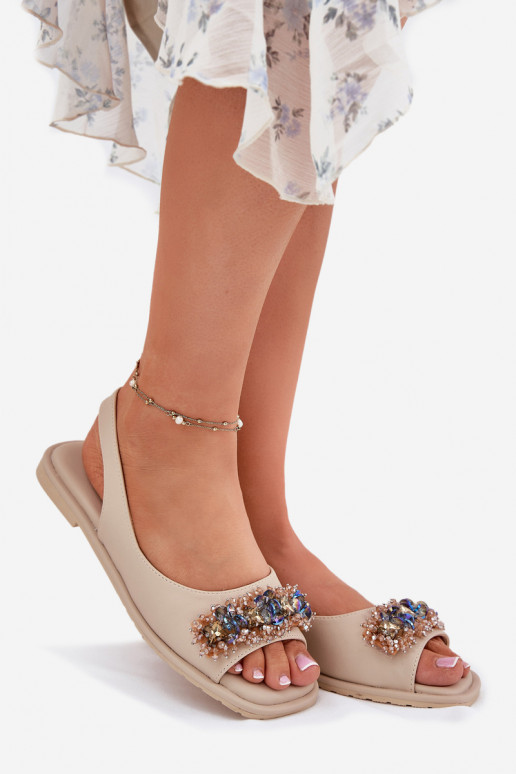 Lygiapadės basutės moterims su spindinčiomis akutėmis S.Barski KV51-079 smėlio spalvos