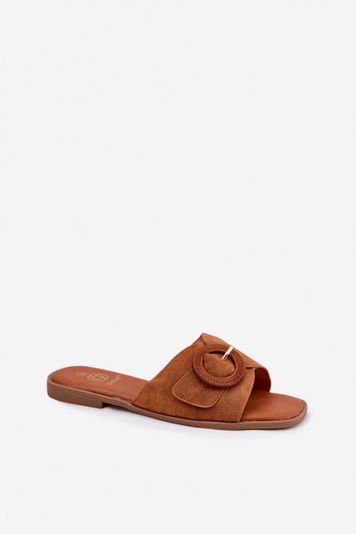 Moteriškos šlepetės su plačiais kulniukais su sagtimis rudos spalvos Lanoni