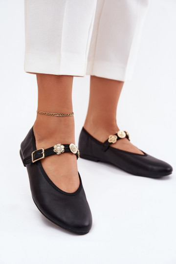 Balerinos  su dirželiais I aukso spalvosmi Przypinkami Juodos spalvos Firicene