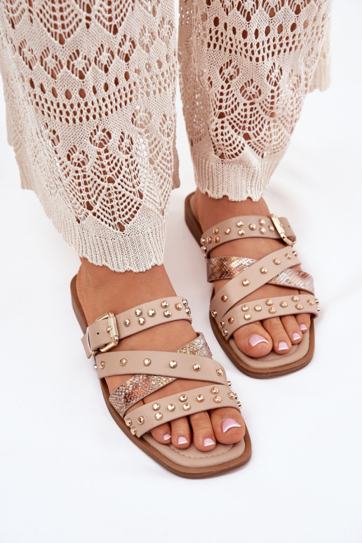 Dekoruotos Moteriškos šlepetės su plačiais kulniukais su juostelėmis I su sagtimis smėlio spalvos Manitte