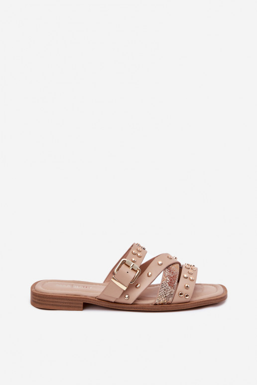 Dekoruotos Moteriškos šlepetės su plačiais kulniukais su juostelėmis I su sagtimis smėlio spalvos Manitte