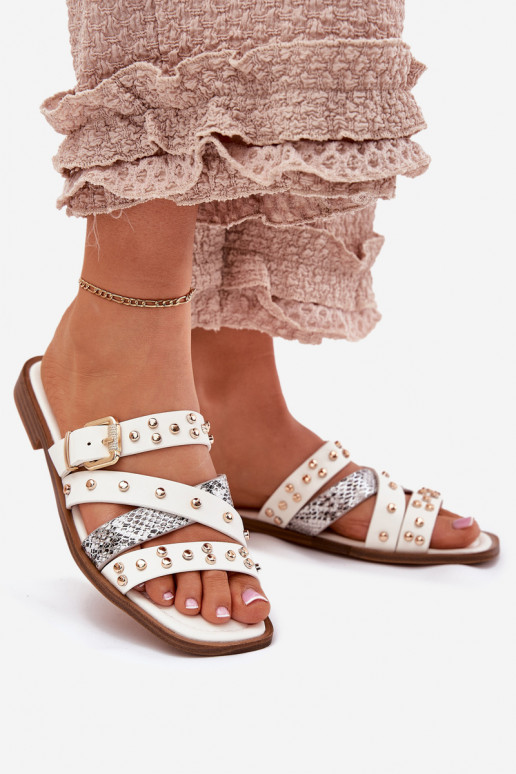 Dekoruotos Moteriškos šlepetės su plačiais kulniukais su juostelėmis I su sagtimis baltos spalvos Manitte