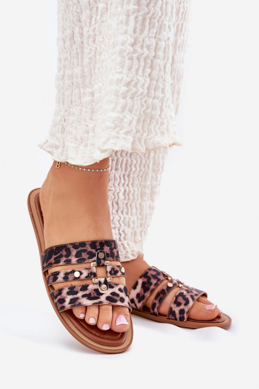 lygiapadžiai Moteriškos šlepetės Ze aukso spalvosm Detalem su leopardo kailio raštais Noroti