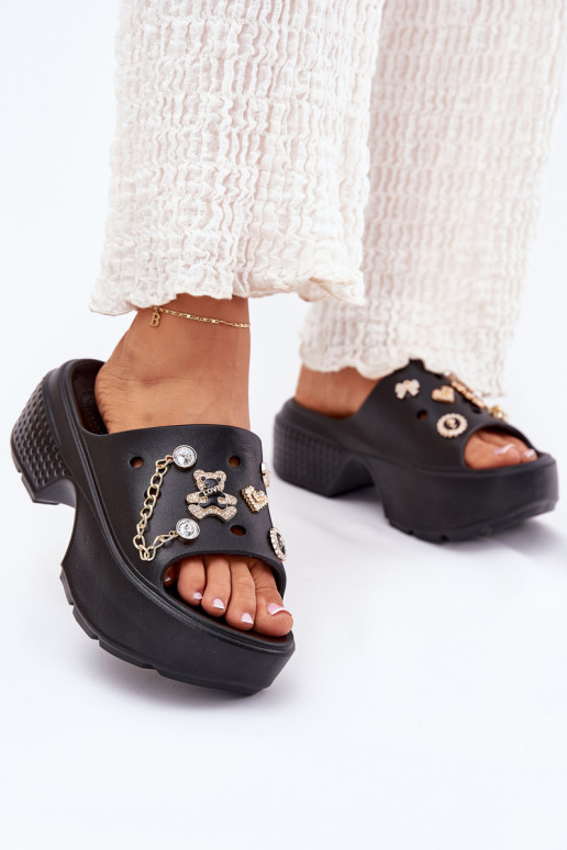  Moteriškos šlepetės su platforma Ze aukso spalvosmi Przypinkami Juodos spalvos Ivoriel