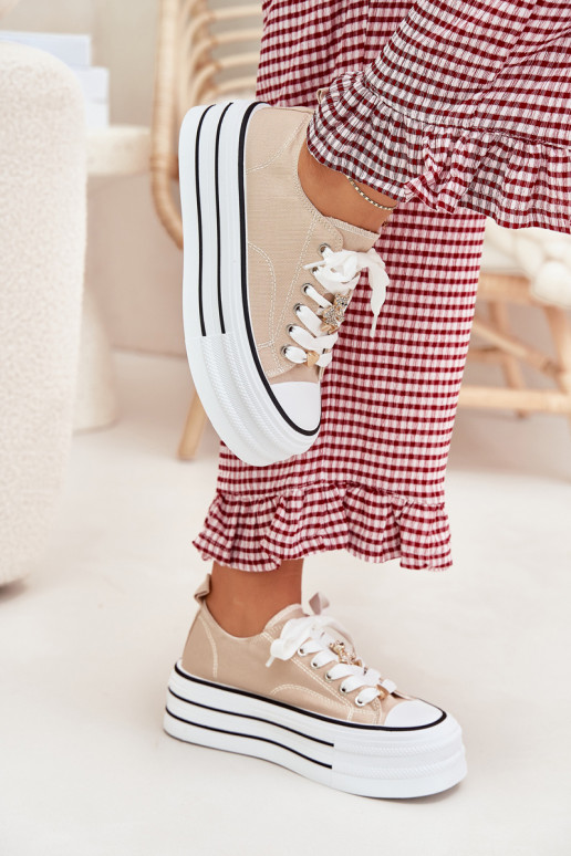 Laisvalaikio bateliai su platforma Ze aukso spalvosmi Przypinkami smėlio spalvos Fiorina