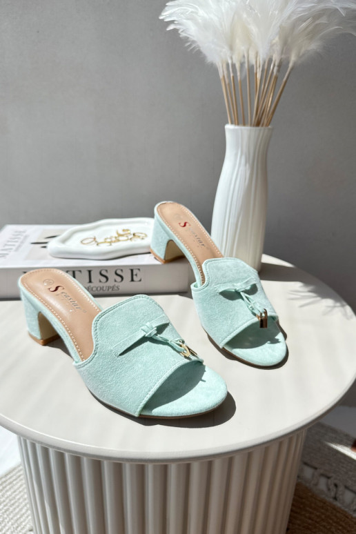 Moteriškos šlepetės Z iš eko zomšosu su kulniukais mėtinės spalvos Jemenna