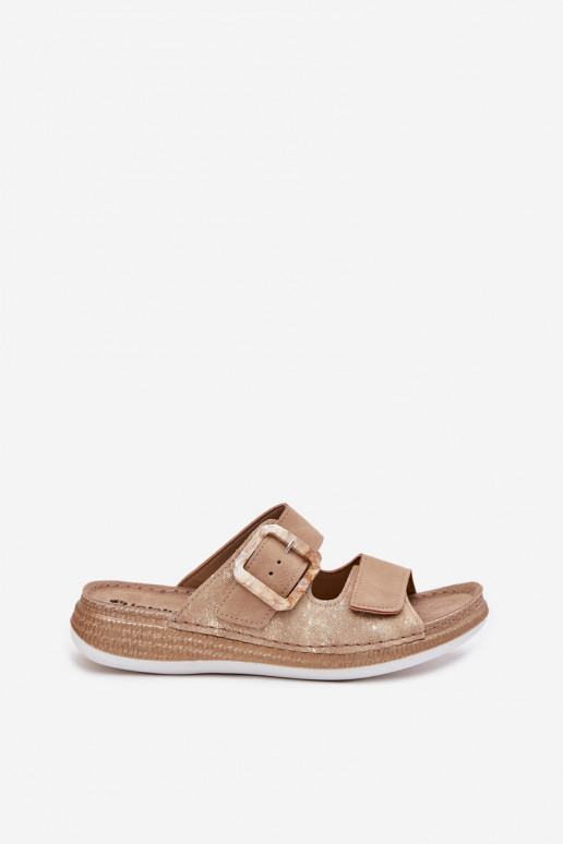 Moteriškos šlepetės su sagtimis I su limpančiu užsegimuem INBLU MK000013 smėlio spalvos