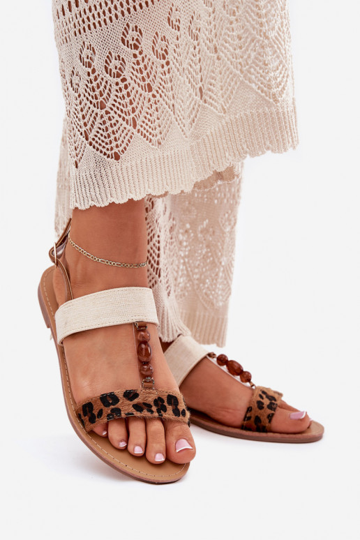 Lygiapadės basutės moterims su karoliukais su leopardo kailio raštais rudos spalvos Virona