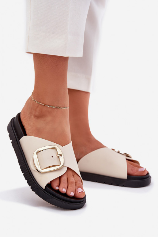 Moteriškos šlepetės su platforma su aukso spalvos sagtimis smėlio spalvos Jovira