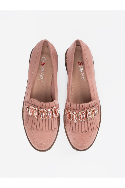 rožinės spalvos iš zomšos mokasinai puošti kristalais